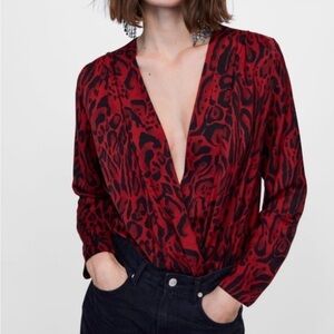 ZARA Women's Top Red Leopard Print Satin Bodysuit Shirt S